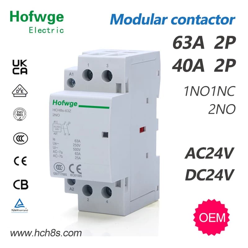 HCH8s-63 DC Contactor 2-Pole 40A/63A Din Rail Type - Automatic Household Contactor 2NO 1NO1NC Configuration for AC24V DC24V 50Hz/60Hz