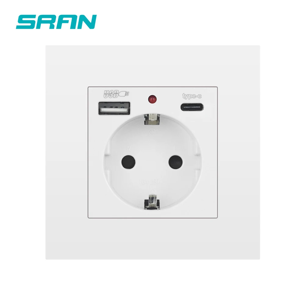EU Wall Socket with USB & Type-C Charging Ports - 16A 250V Smart Power Outlet Panel 86mm Gray/White/Black - SRAN Brand